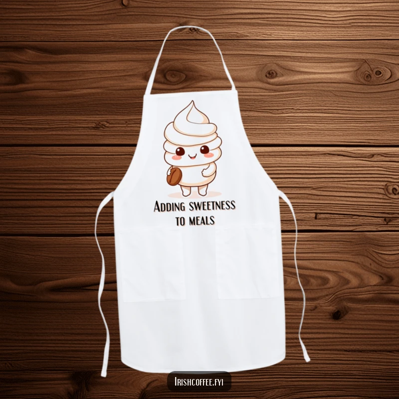 Funny smiling whipped cream character holding a tiny coffee bean on a cooking apron, ideal for culinary tasks with sweet charm.