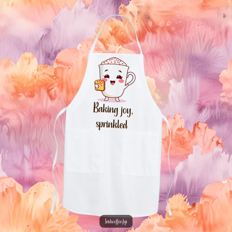 Funny coffee character apron cheerfully offering a toast with sprinkles, making cooking and serving a joyful and humorous affair.