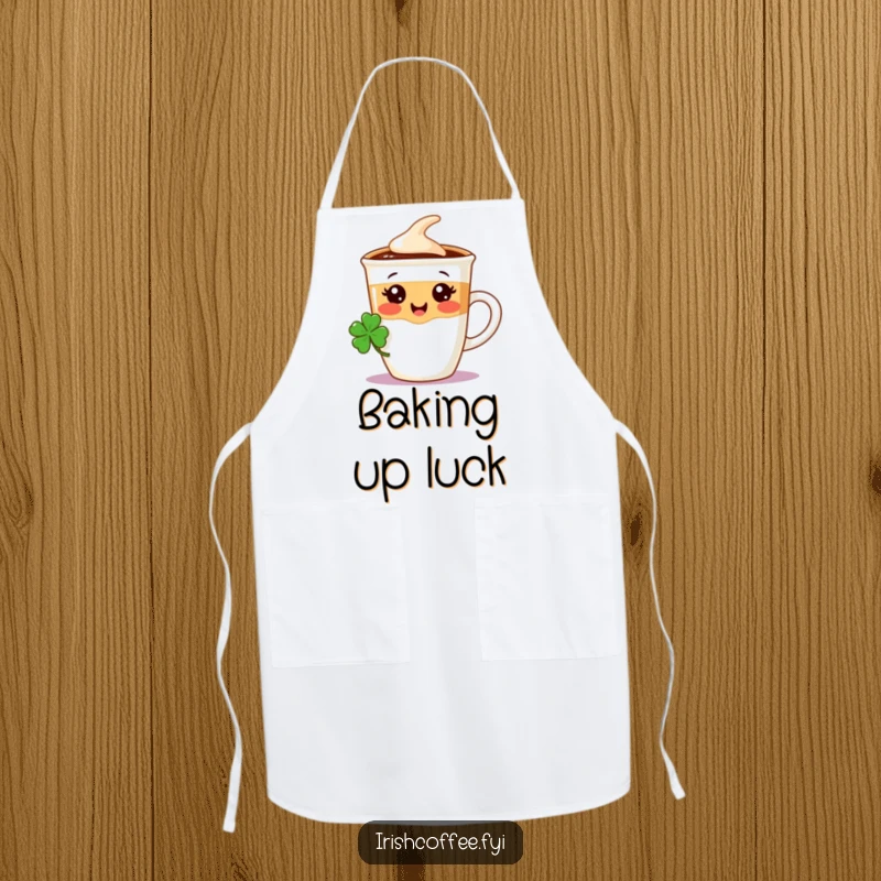 Funny kitchen apron featuring a cute coffee cup character wearing a tiny shamrock, adding Irish luck to your cooking.