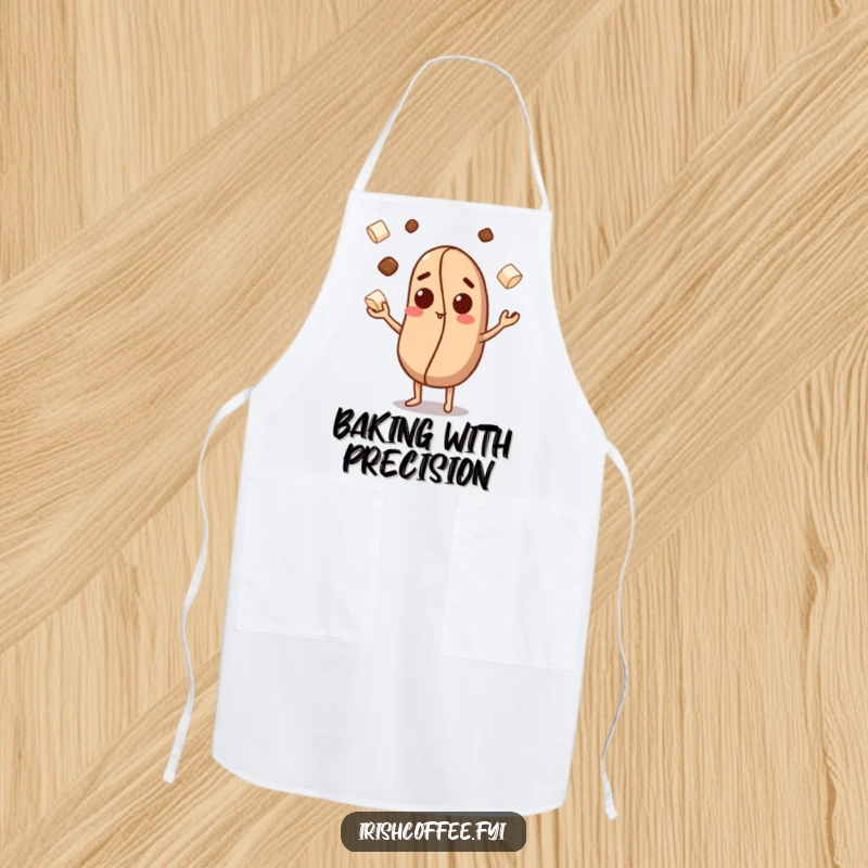 Funny apron with a curious coffee bean character juggling sugar cubes, ready for kitchen adventures with a humorous twist.