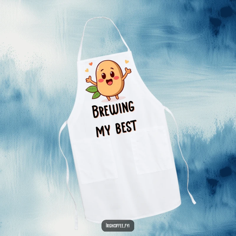 Funny cooking apron adorned with a happy coffee bean character popping up, ready for kitchen fun and culinary excitement.