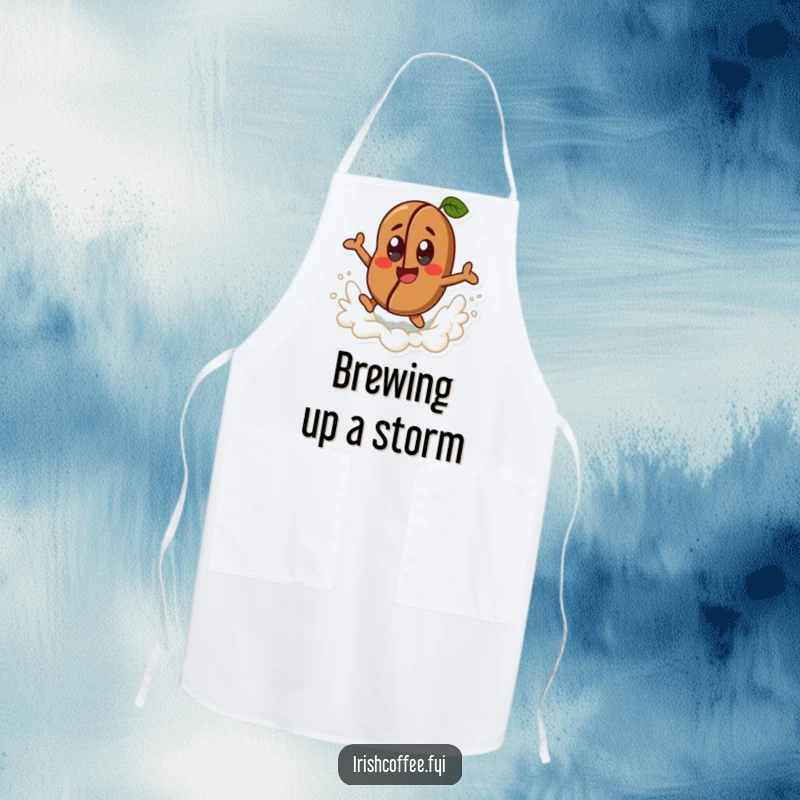 Funny happy coffee bean character with cheerful eyes, joyfully leaping from a frothy wave on a kitchen apron, barista's joyful funny gift.