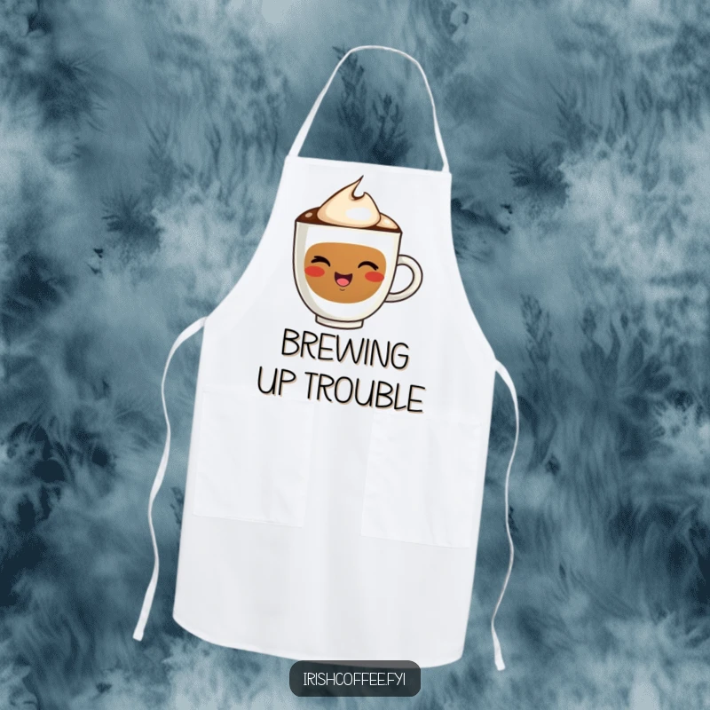 Funny apron showcasing a cheerful coffee cup character winking playfully, designed for culinary fun and kitchen humor.