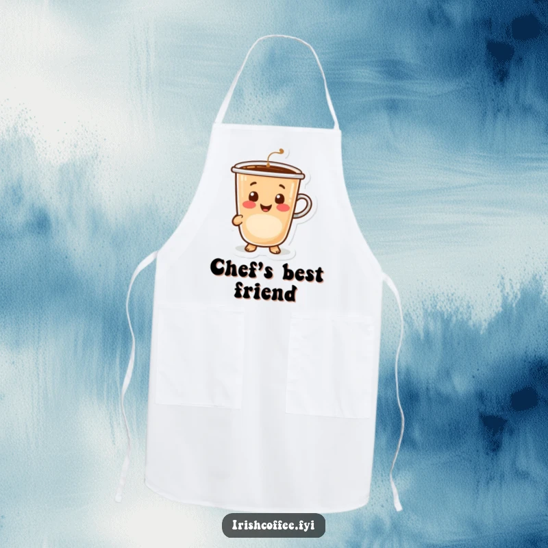 Funny happy coffee cup character with a friendly, inviting smile, protective apron for cooking.