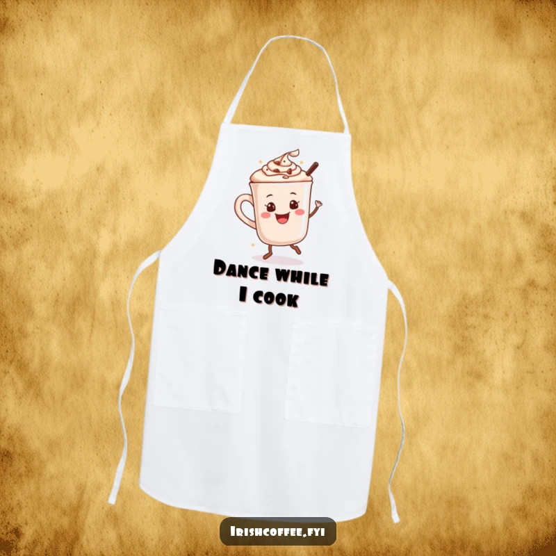 Funny apron with a happy hot chocolate mug dancing, perfect for a cheerful cook.