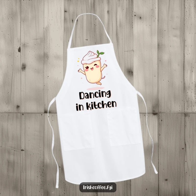 Funny cream liqueur apron showing a cheerful spirit character dancing with delight, adding a festive and humorous touch to kitchen wear.