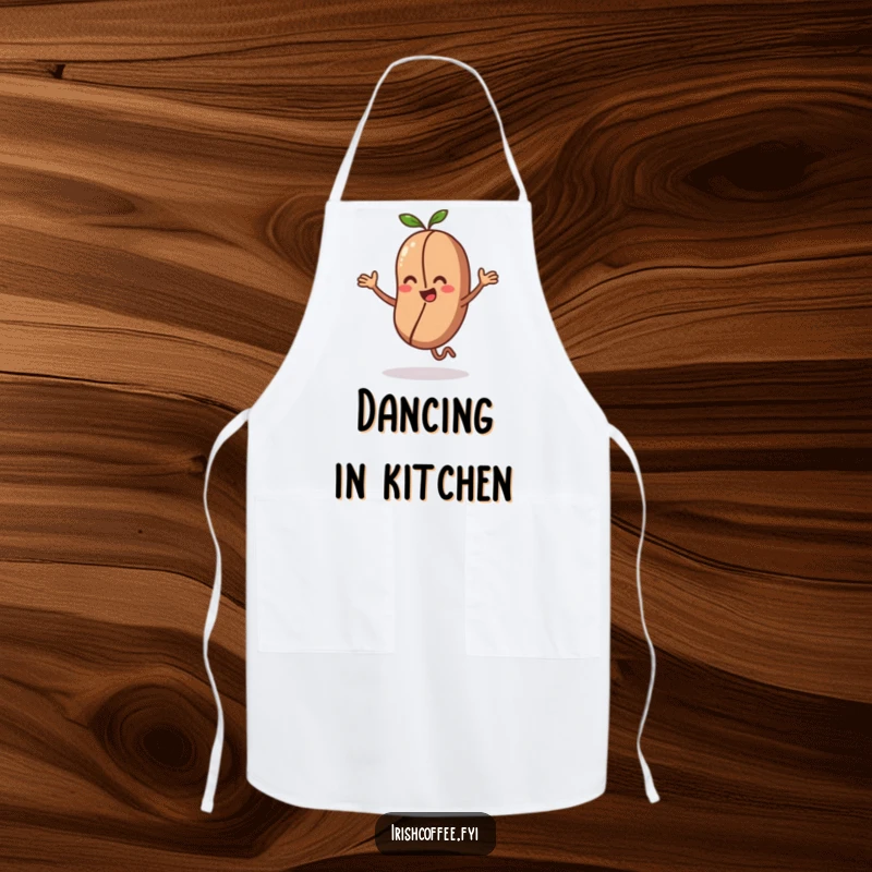 Funny apron displaying a coffee bean character doing a tiny, energetic dance, perfect for a lively kitchen.