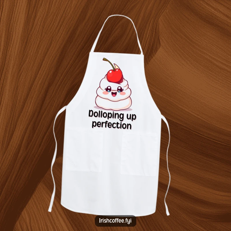 Funny apron adorned with a happy whipped cream dollop with wide eyes, humorously attempting to balance a cherry, ideal for sweet and funny culinary experiences.