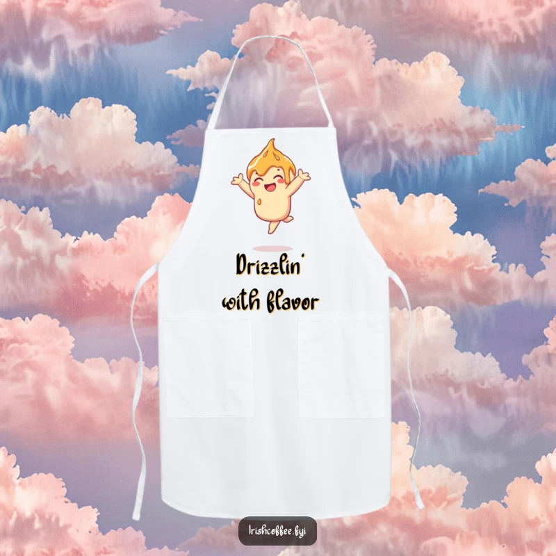 Funny caramel drizzle apron showing a smiling drizzle mid-leap, perfect for baking and cooking with joy.