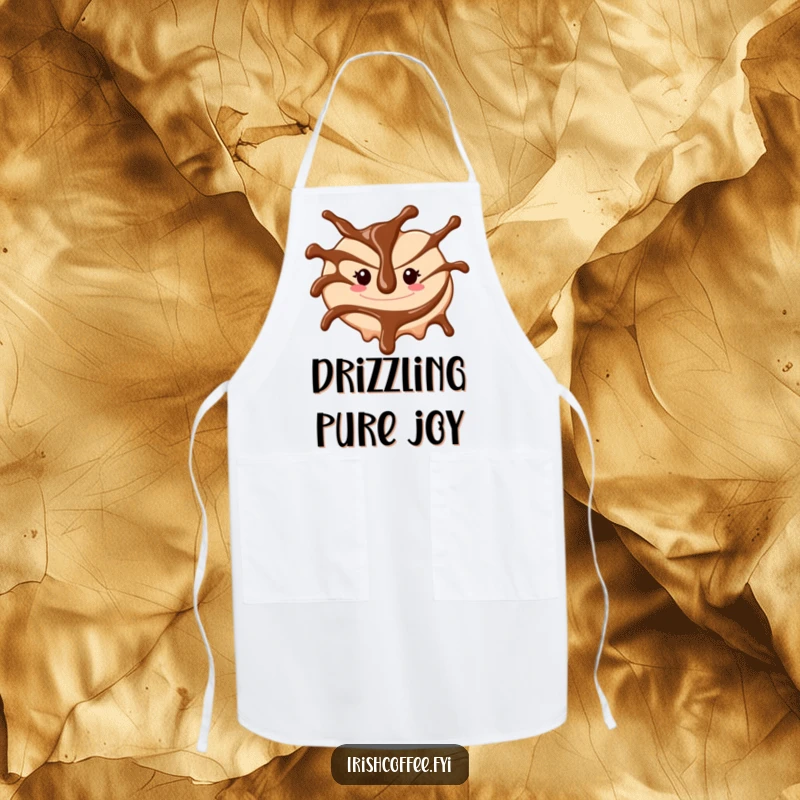 Funny apron featuring a cheerful chocolate sauce drizzle swirling, bringing kitchen humor to baking.
