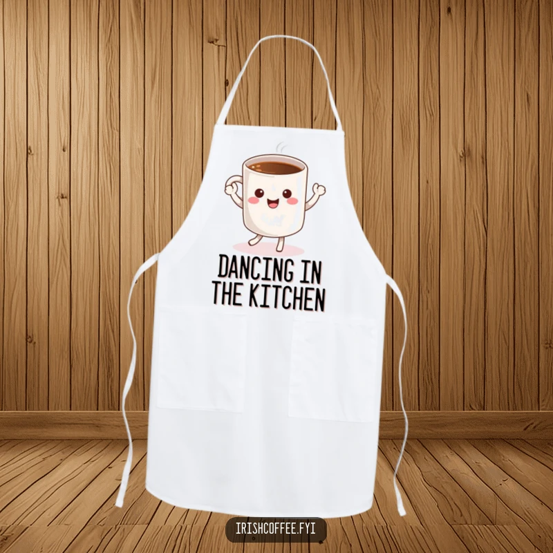 Funny apron with a cheerful coffee mug character doing a happy dance, ready to add humor to any cooking session.