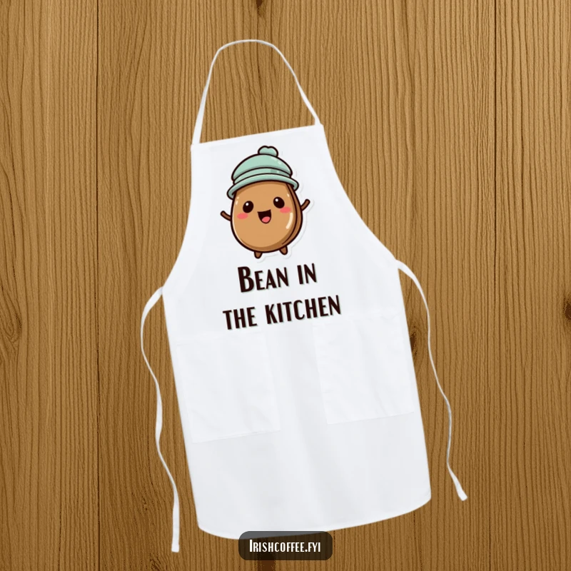 Funny apron with a cute coffee bean wearing a tiny hat, perfect for a stylish baker.