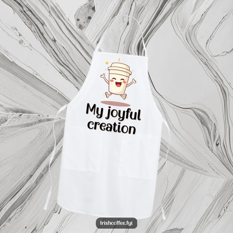 Funny apron with a beaming coffee cup character performing a joyful jump, adding energetic humor to kitchen activities.