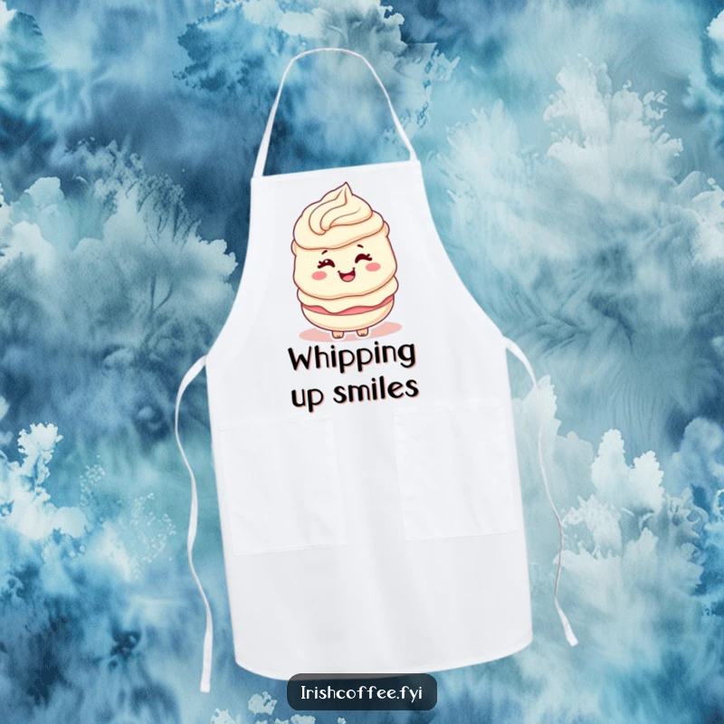 Funny apron displaying a cream layer character giving a playful wink with a happy swirl, perfect for baking.