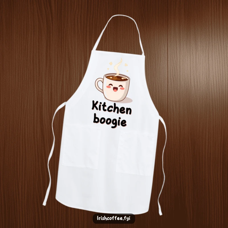 Funny Apron showcasing a delighted coffee mug with steam performing a happy dance, perfect for adding energy to cooking.