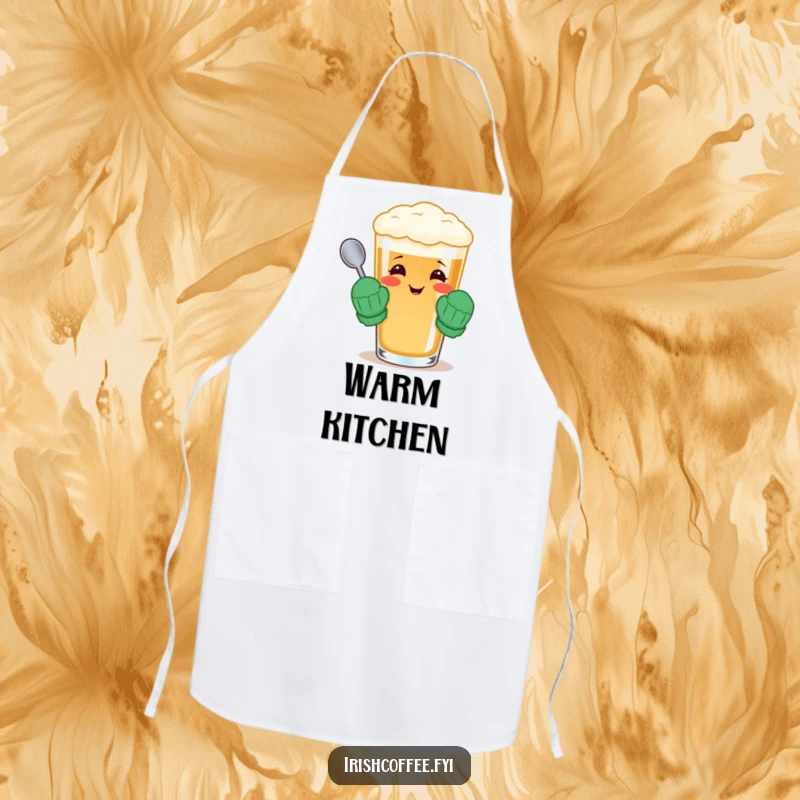 Funny apron with a cheerful Irish coffee glass wearing tiny mittens and holding a spoon, perfect for the kitchen.