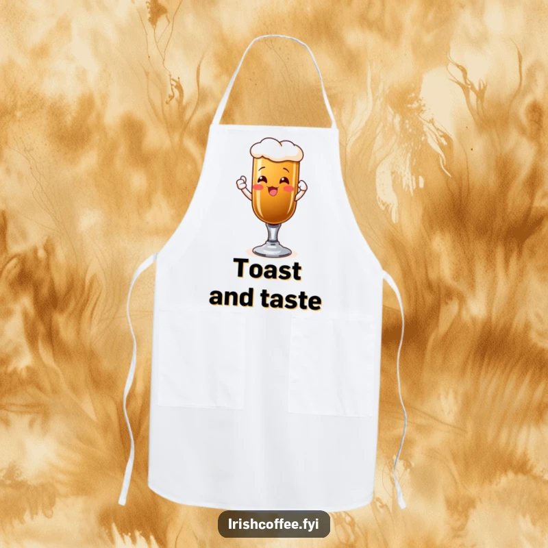 Funny apron with a beaming Irish coffee glass raising a toast, perfect for a cheerful cook.