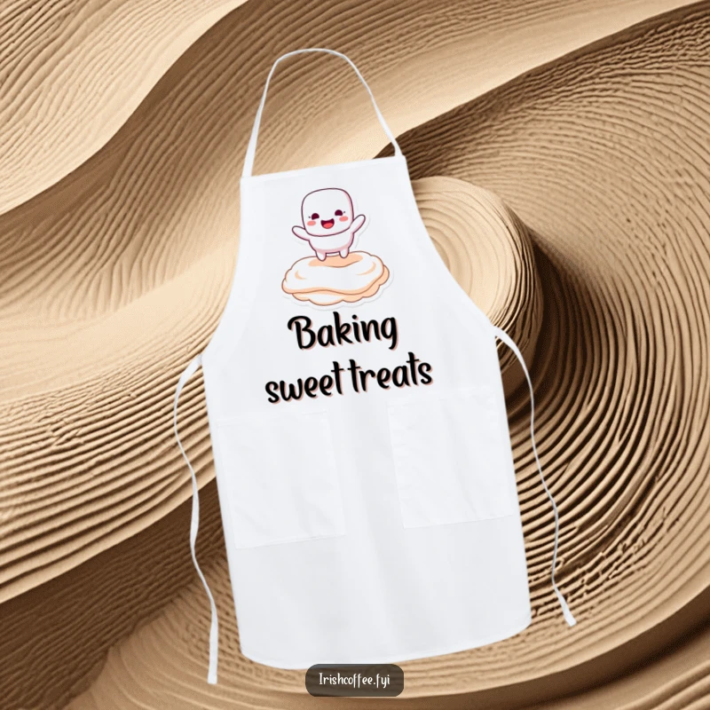 Funny apron showcasing a marshmallow character happily bouncing on creamy topping, adding sweet humor to kitchen activities.