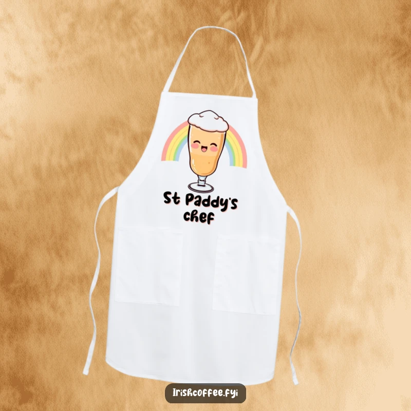Funny Apron featuring a giggling Irish coffee glass sliding down a rainbow, perfect for kitchen tasks with a magical twist.