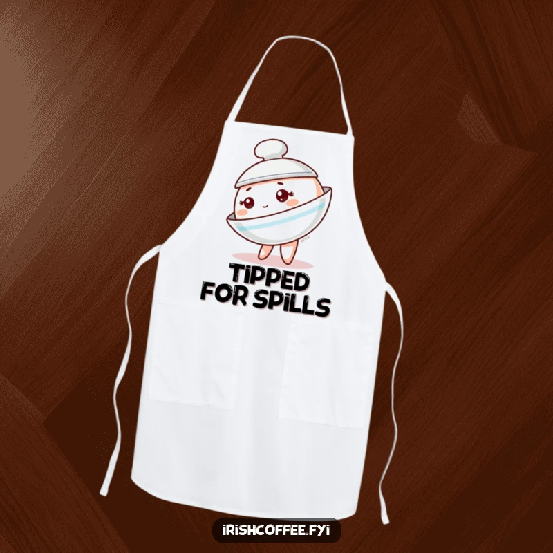 Funny saucer apron showing a charming tableware character playfully tipping to the side, adding a humorous touch to kitchen wear.