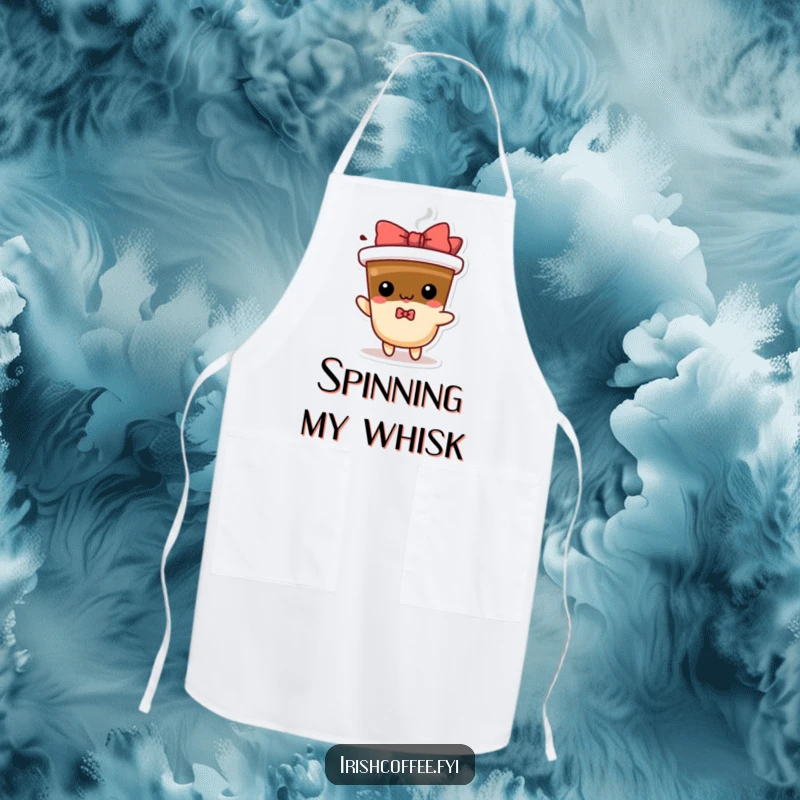 Funny spinning coffee apron with a playful character and bow, ideal for adding humor to cooking activities.