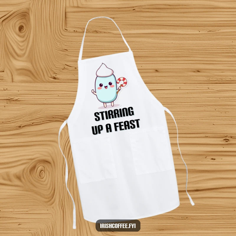 Funny kitchen apron featuring a cute stir stick character offering a tiny candy cane, perfect for adding sweetness to cooking.