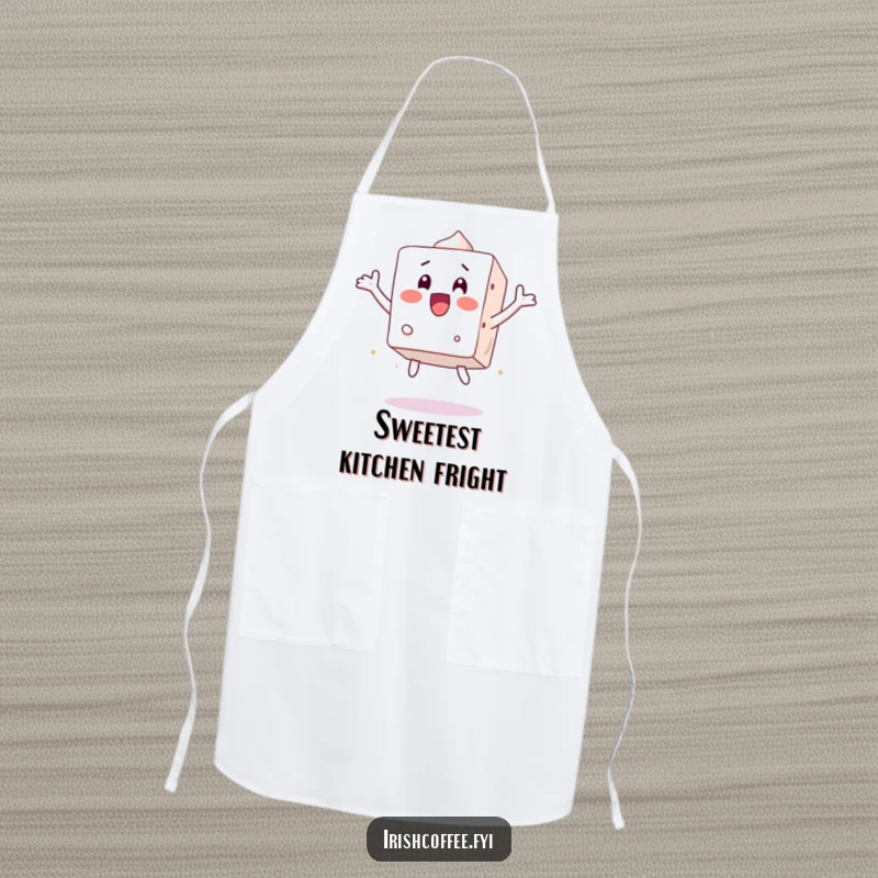 Funny apron with a surprised sugar cube character jumping, adding a sweet surprise and humor to kitchen activities.