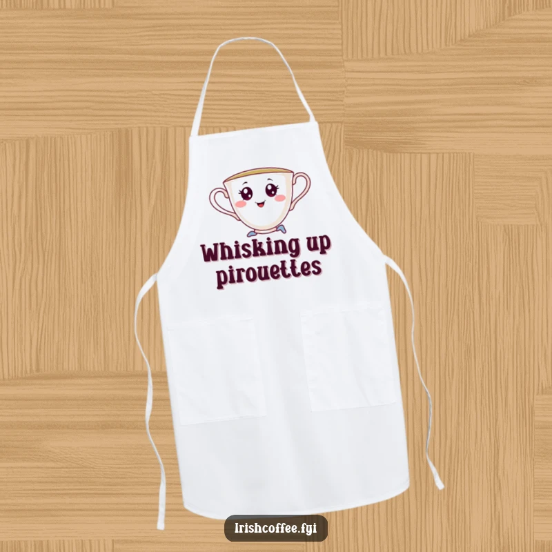 Funny apron adorned with a cheerful teacup flaunting saucy eyes, executing a delightful playful pirouette, ideal for humorous kitchen activities.