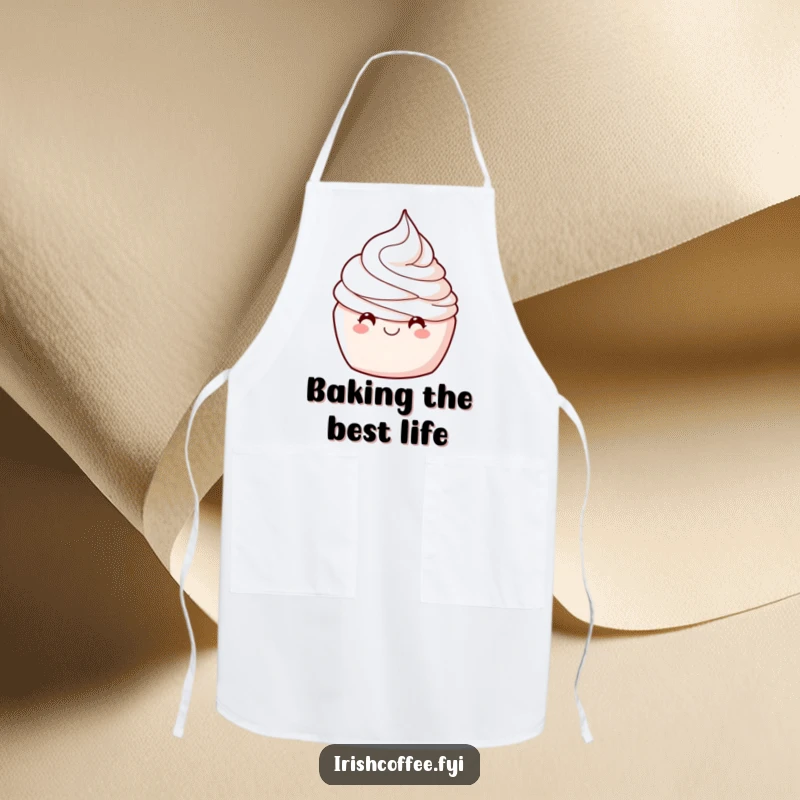 Funny kitchen apron with a delighted whipped cream swirl winking, perfect for cooking and baking with humorous flair.