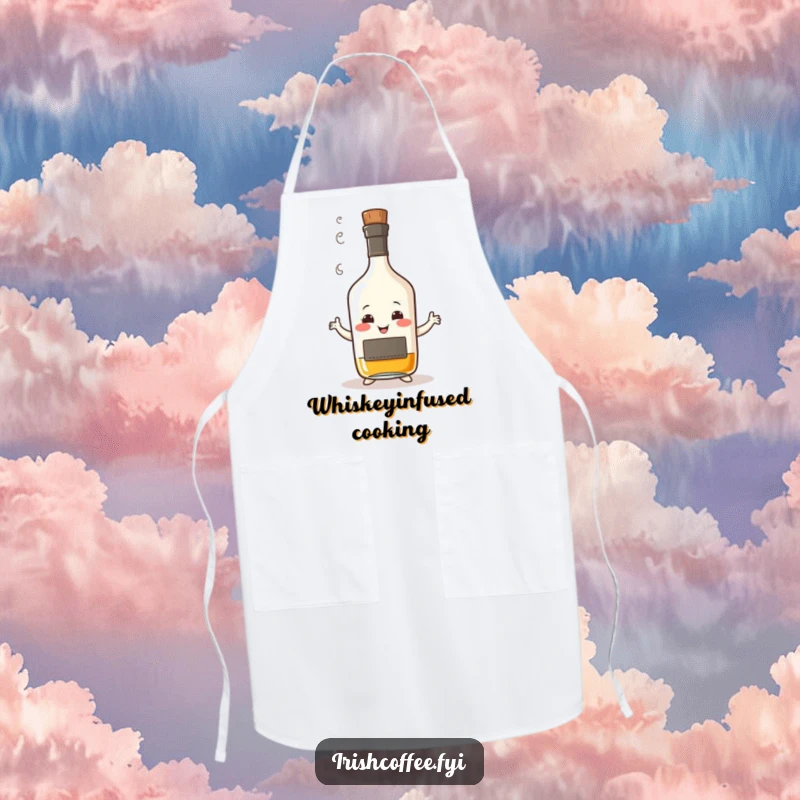 Funny apron adorned with a smiling whisky bottle with steam, humorously performing a wobbly dance, ideal for spirited culinary experiences.