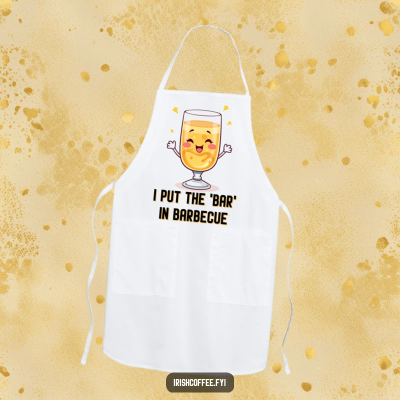 Funny apron with a winking whiskey glass performing a bubbly toast, perfect for adding humor to kitchen activities.