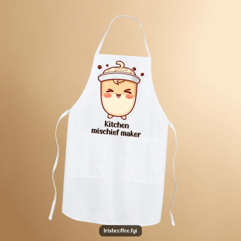 Funny coffee character apron winking mischievously, making cooking and serving a playful and humorous affair.