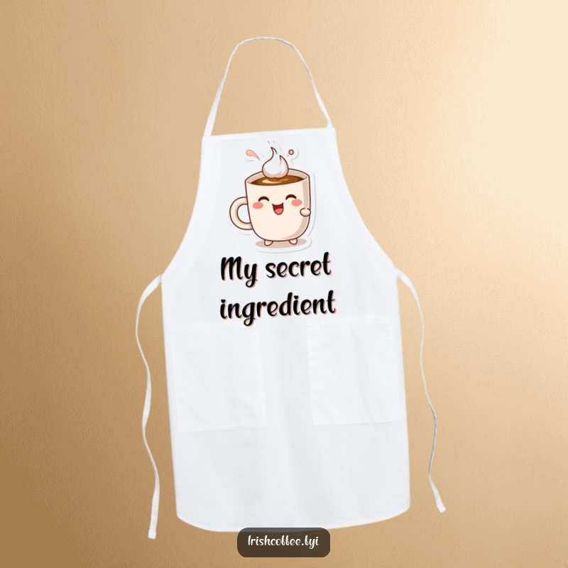 Funny cheerful coffee mug character enjoying a sip of coffee, protective apron for cooking.