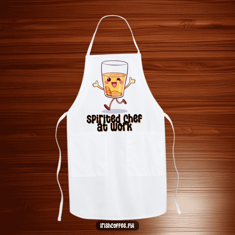 Funny whiskey glass apron with a cartoon character hopping cheerfully, making cooking and entertaining a humorous and spirited affair.