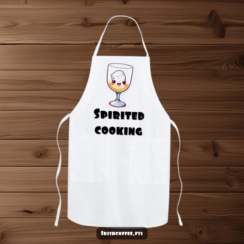 Funny whiskey glass with an ice cube skiing gleefully on a chef apron, adding a humorous touch to kitchen duties.