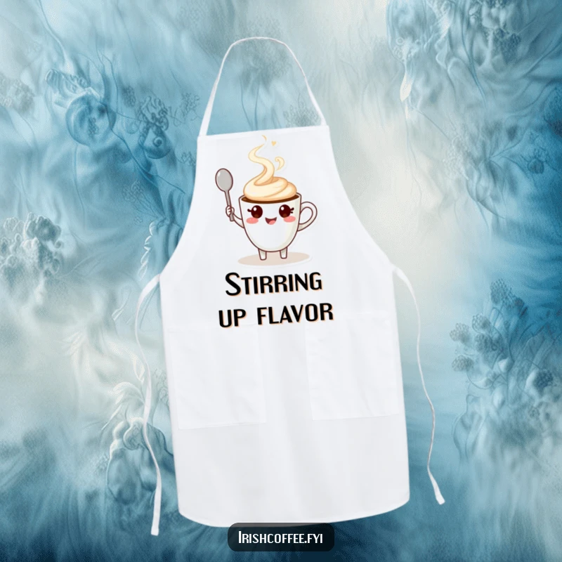Funny apron displaying a cheerful coffee cup character with a steaming swirl, waving a spoon in the kitchen.