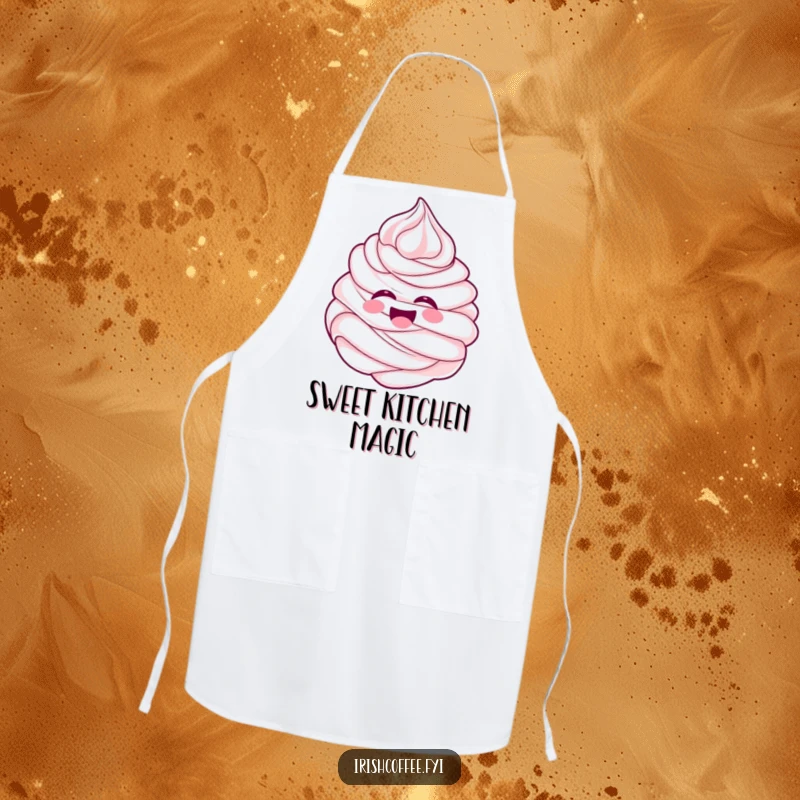 Funny cheerful whipped cream swirl laughing with delight on a kitchen apron, adding sweetness and humor to cooking.