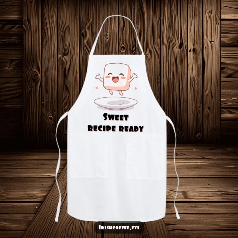 Funny apron displaying a sugar cube character excitedly jumping on a saucer, perfect for a fun kitchen.