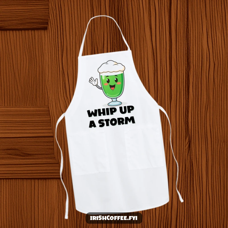Funny kitchen apron featuring a vibrant Irish coffee glass character with a welcoming wave, perfect for cooking and baking.
