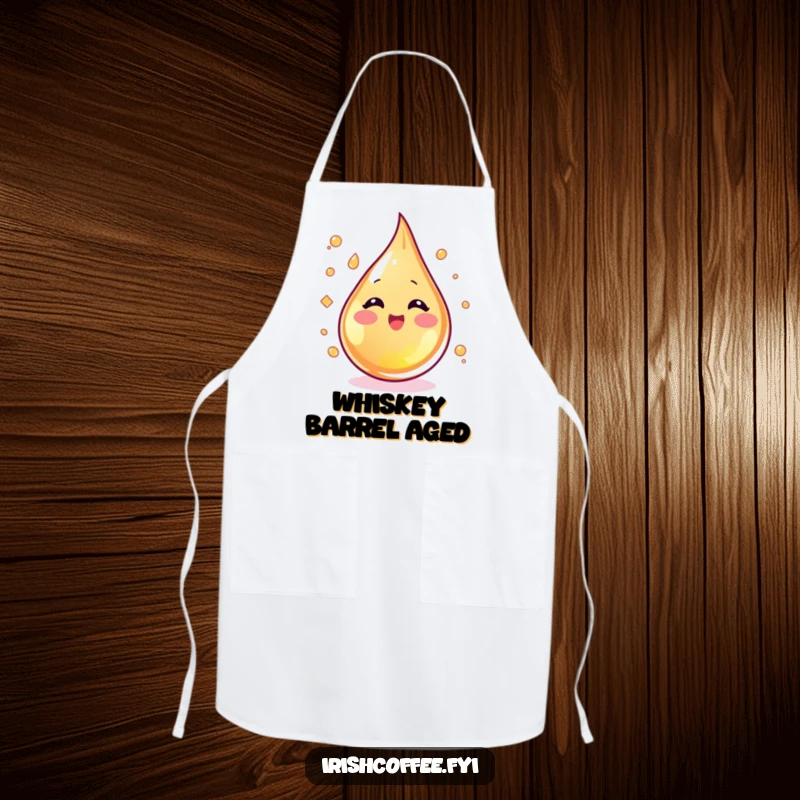 Funny blushing whiskey droplet swirling with excitement on a kitchen apron, adding spirited humor to drink mixing.