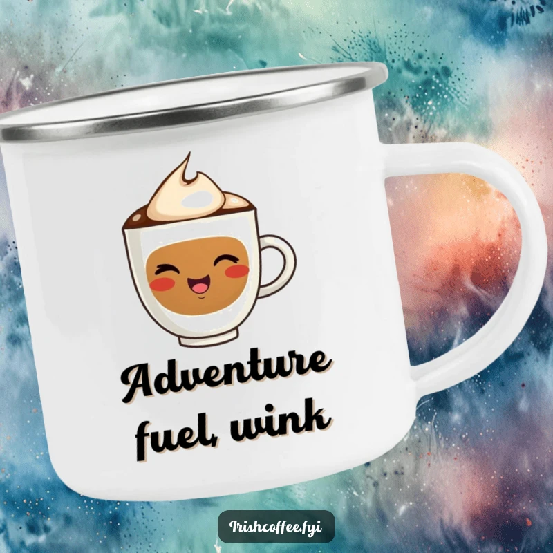 Funny camping mug showcasing a happy coffee cup character winking, built for adventure and bringing smiles to the campsite.