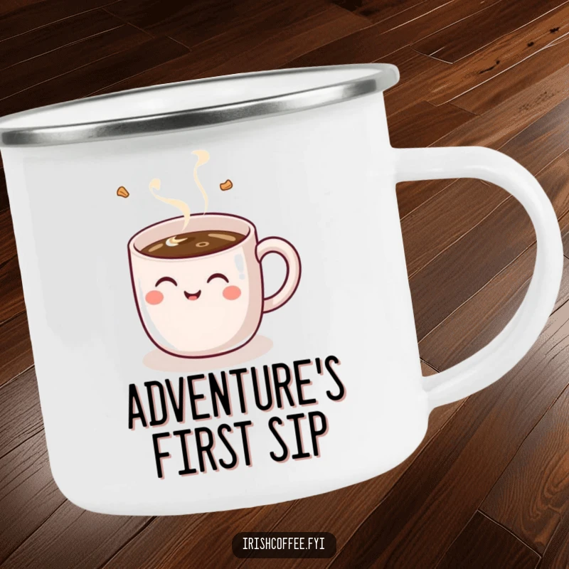 Funny enamel camping mug with a cheerful, giggling coffee mug design, ideal for enjoying drinks outdoors with humor.