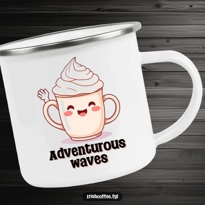 Funny camping mug with a jubilant whipped cream character on a mug, cheerfully waving hello during outdoor adventures.