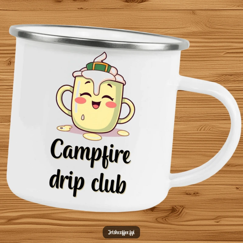Funny camping mug with a giggling Irish coffee mug character spilling cream, ideal for humorous outdoor enjoyment.