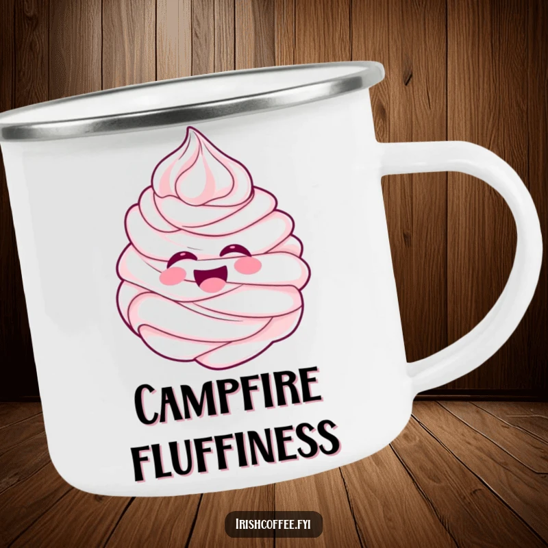 Funny cheerful whipped cream swirl laughing with delight on a camping mug, bringing sweet humor outdoors.
