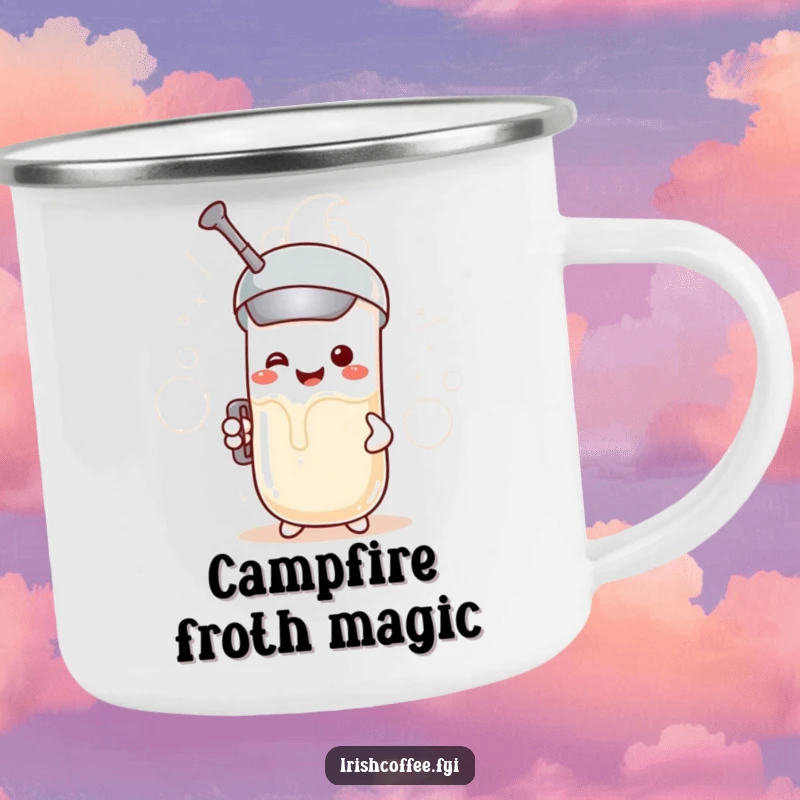 Funny enamel camping mug with a smiling milk frother character creating frothy clouds, perfect for enjoying drinks outdoors.