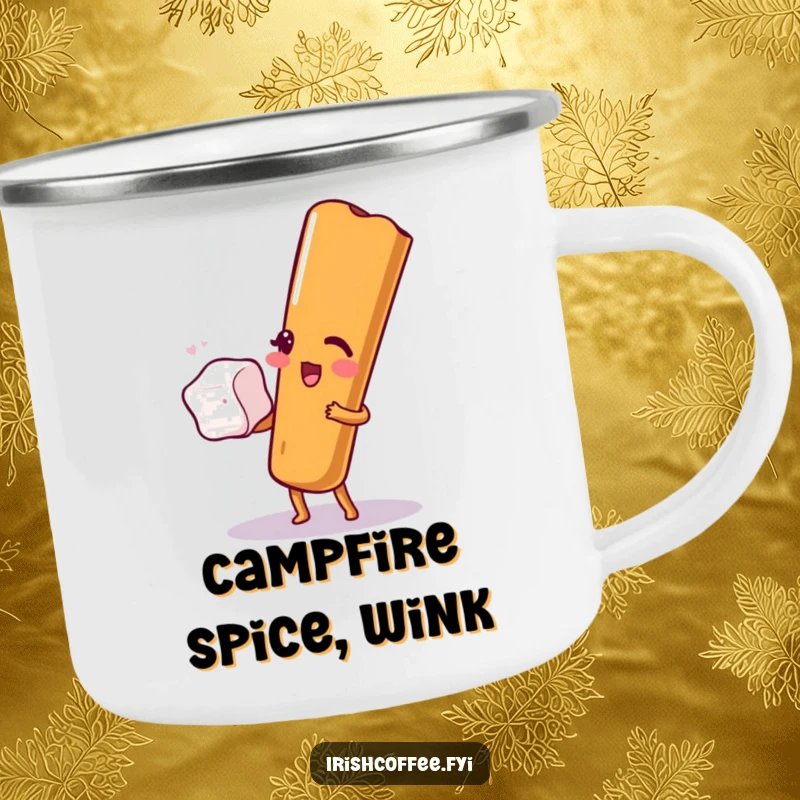 Funny camping mug with a winking cinnamon stick balancing a sugar cube design, ready for outdoor adventures and spiced sips.