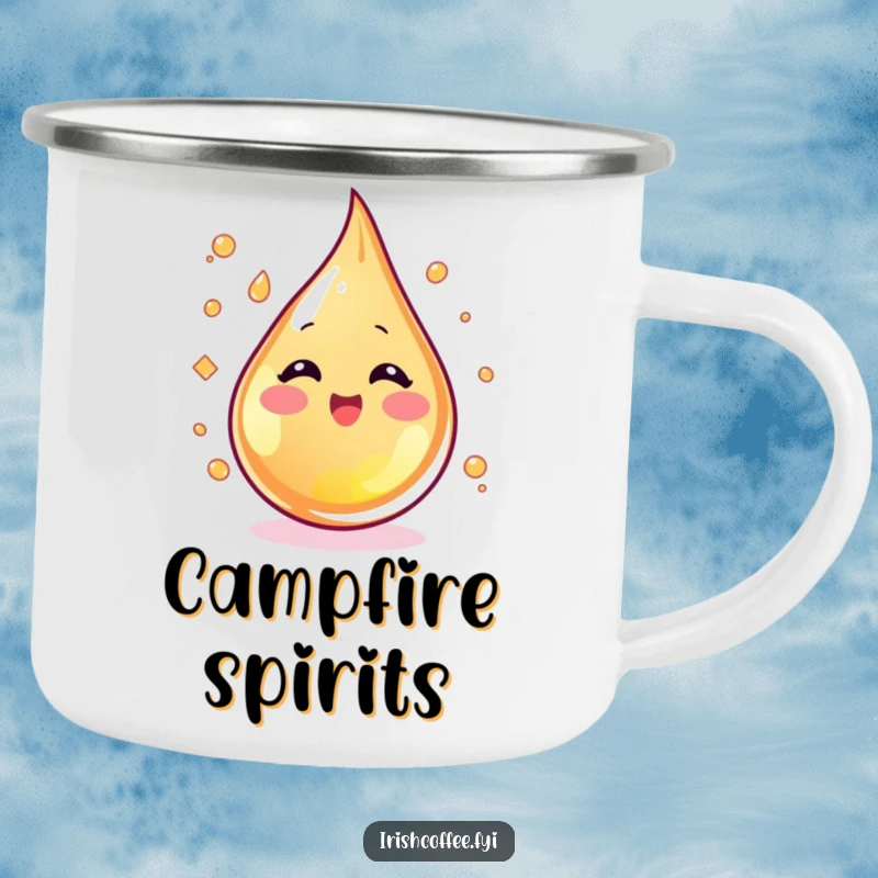 Funny blushing whiskey droplet swirling with excitement on a camping mug, bringing spirited humor outdoors.
