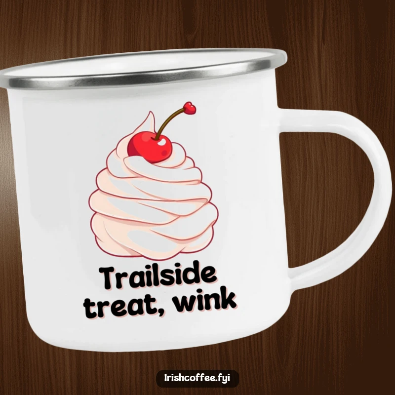 Funny camping mug with a happy whipped cream and twirling cherry design, ready for outdoor adventures and sweet sips.