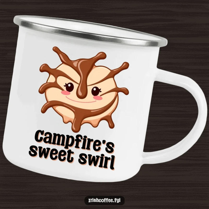 Funny camping mug featuring a cheerful chocolate sauce drizzle swirling, built for outdoor fun and sweet laughs.